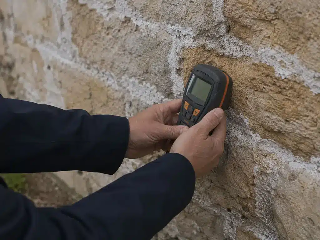 Mesure d'humidité sur un mur en pierre présentant du salpêtre